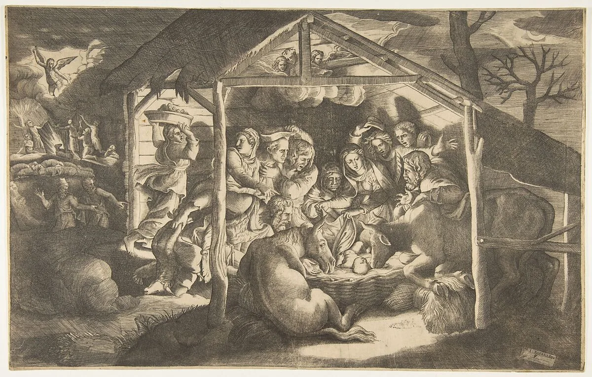 The adoration of the shepherds, various figures surrounding the Christ Child in the centre — Giulio Bonasone|Giulio Romano