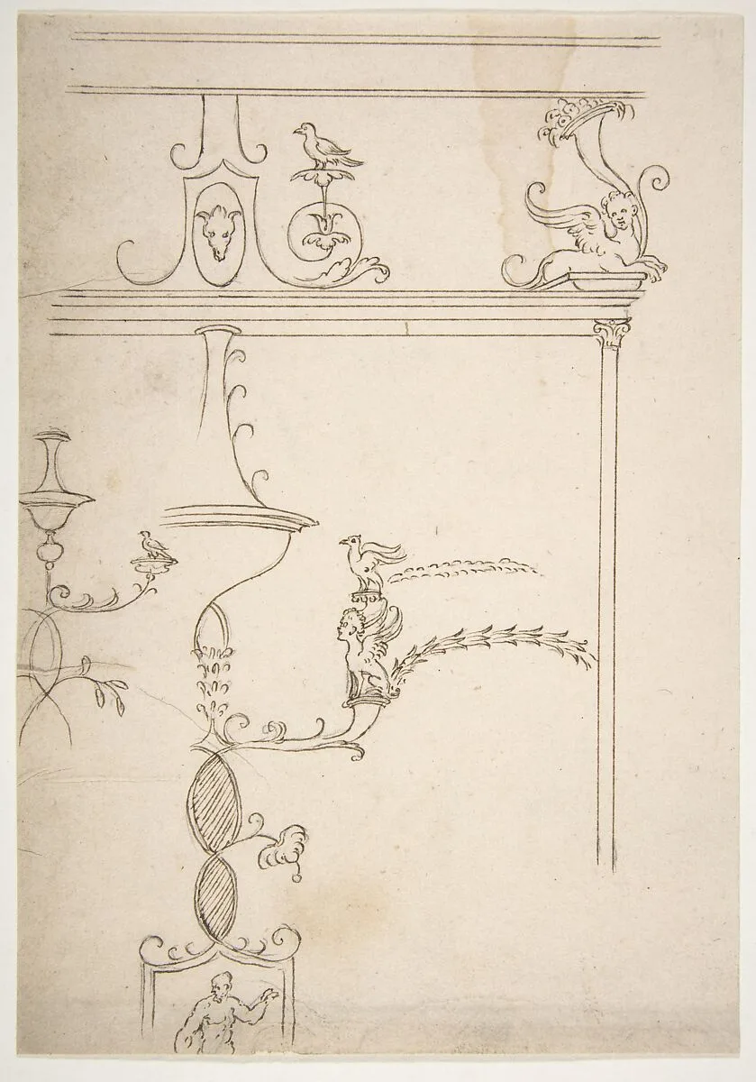 Domus Aurea, unidentified, grotteschi, details (recto) blank (verso) — Anonymous, French, 16th century