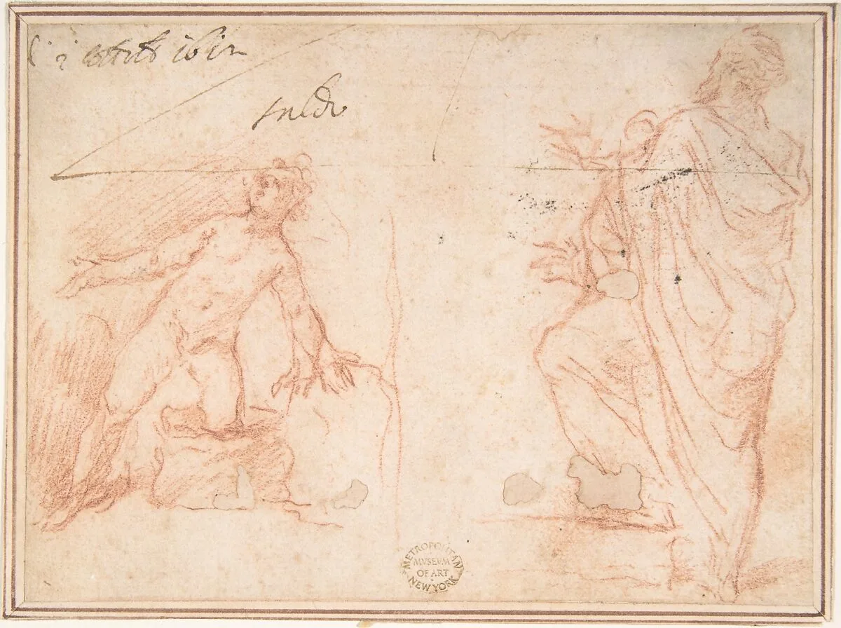 Two Figures: Nude Youth on One Knee, Man Standing with Left Foot Raised — Anonymous, Italian, Roman-Bolognese, 17th century