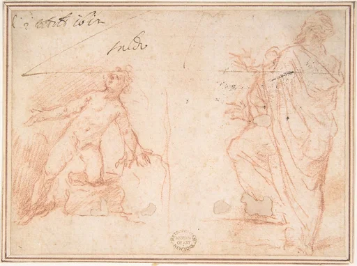 Two Figures: Nude Youth on One Knee, Man Standing with Left Foot Raised