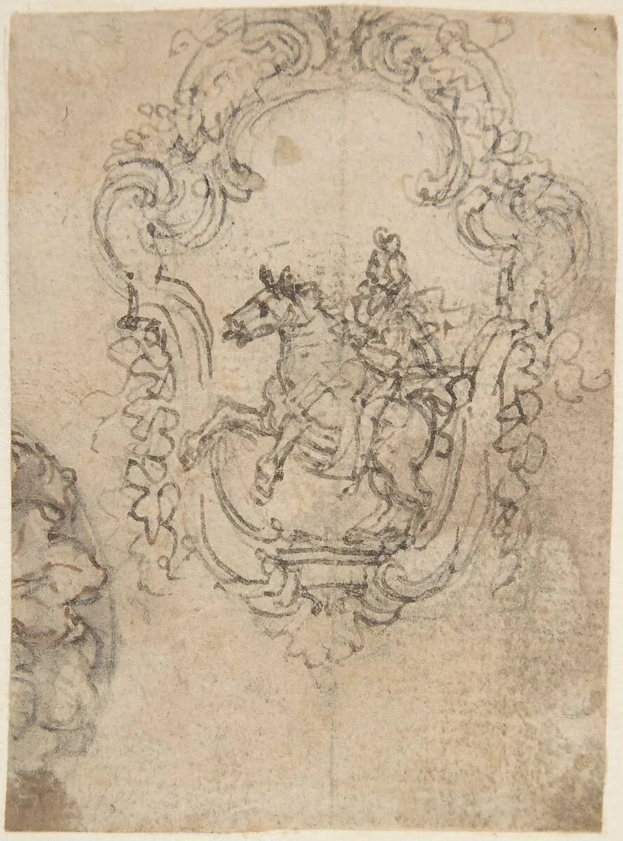 Design for an Equestrian Statue in a Cartouche (recto); Sketches for a Frieze with Sea-Shells and Floral Ornament (verso). — Giovanni Battista Foggini