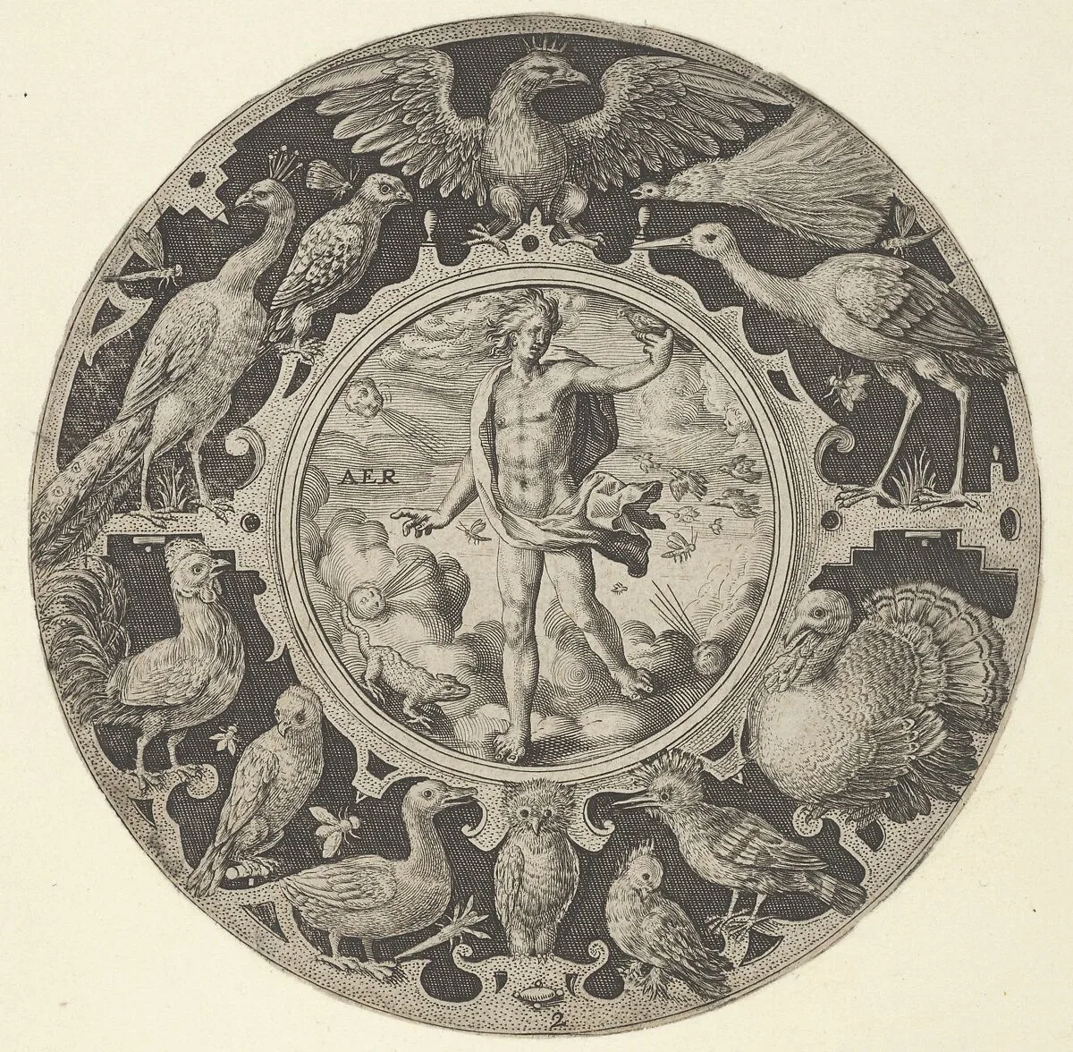 'Aer' in a Decorative Border with Birds, from a Series of Circular Designs with the Four Elements — Crispijn de Passe the Elder