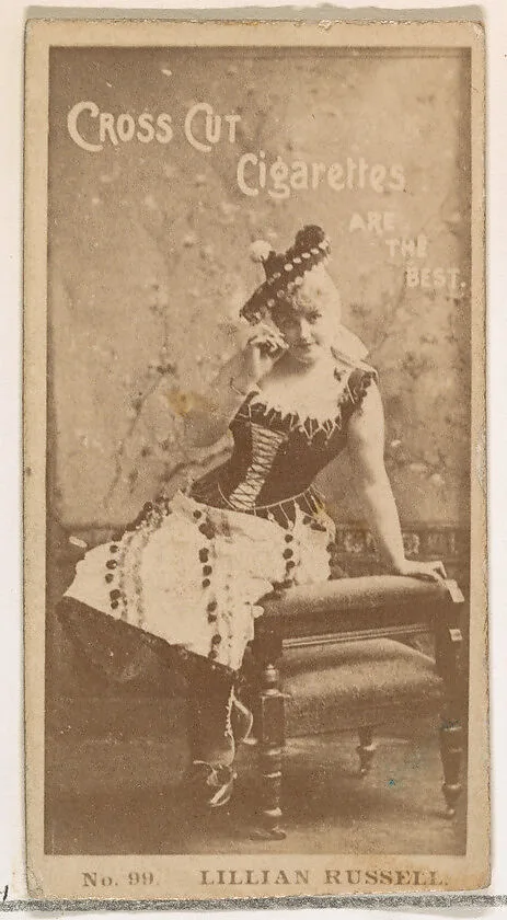 Card Number 99, Lillian Russell, from the Actors and Actresses series (N145-2) issued by Duke Sons & Co. to promote Cross Cut Cigarettes — W. Duke, Sons & Co.