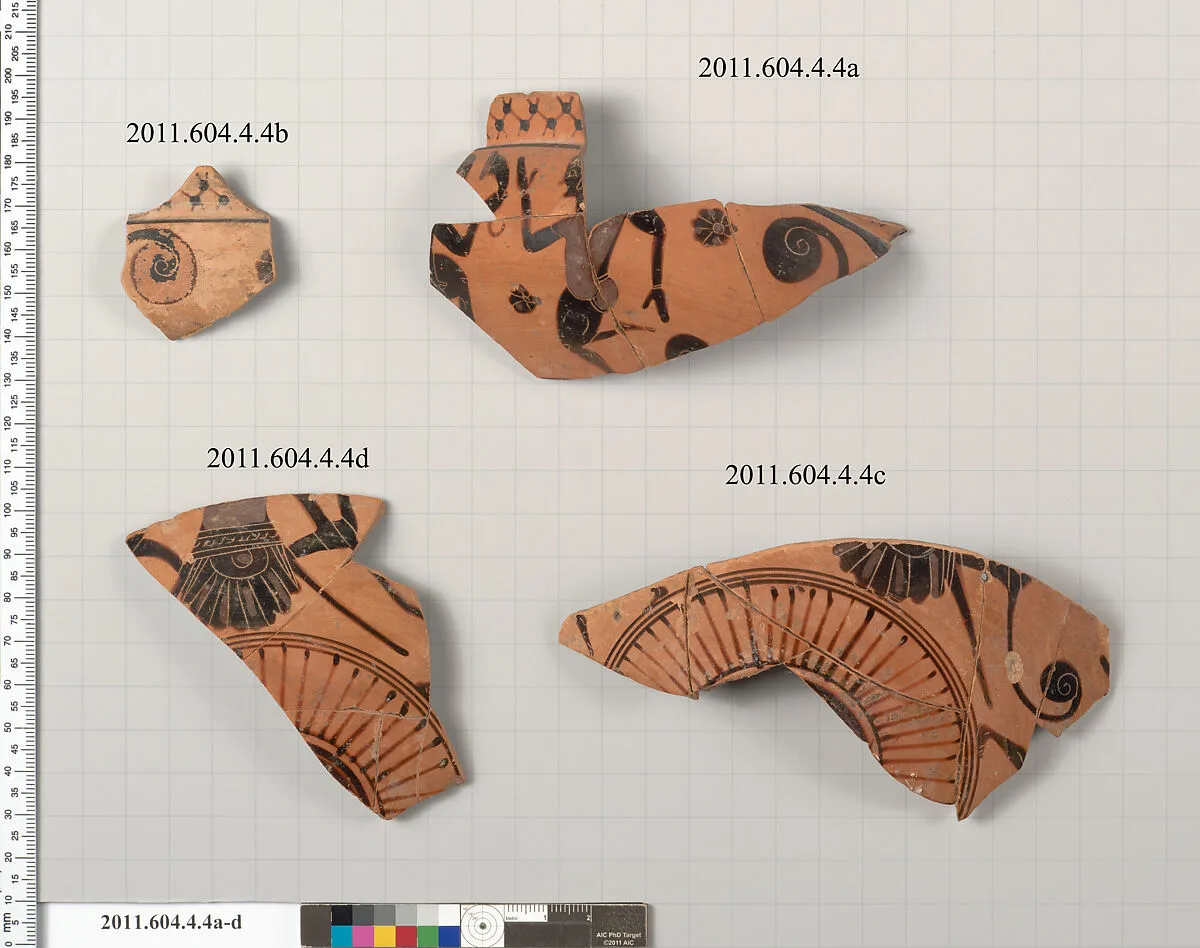 Terracotta fragments of a kylix: Komast cup (drinking cup) — Falmouth Painter