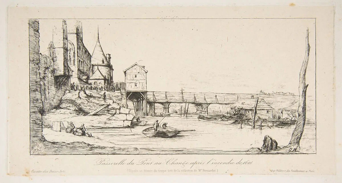 The footbridge temporarily replacing the Pont-au-Change, Paris, after the fire of 1621, after della Bella — Charles Meryon|Stefano della Bella
