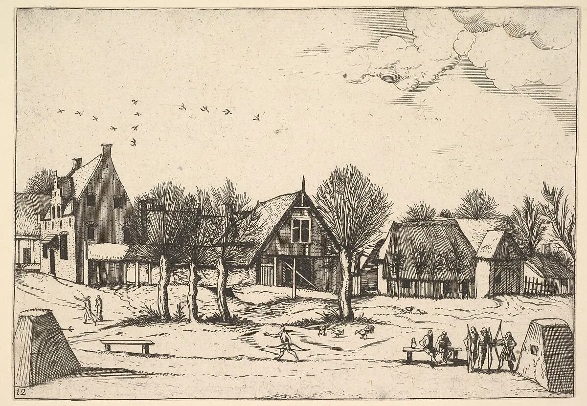 Country Village, archers in the foreground from Multifariarum casularum ruriumque lineamenta curiose ad vivum expressa — Johannes van Doetecum I|Lucas van Doetecum|The Master of the Small Landscapes|Pieter Bruegel the Elder|Cornelis Cort|Hieronymus Cock