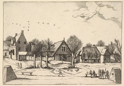 Country Village, archers in the foreground from Multifariarum casularum ruriumque lineamenta curiose ad vivum expressa