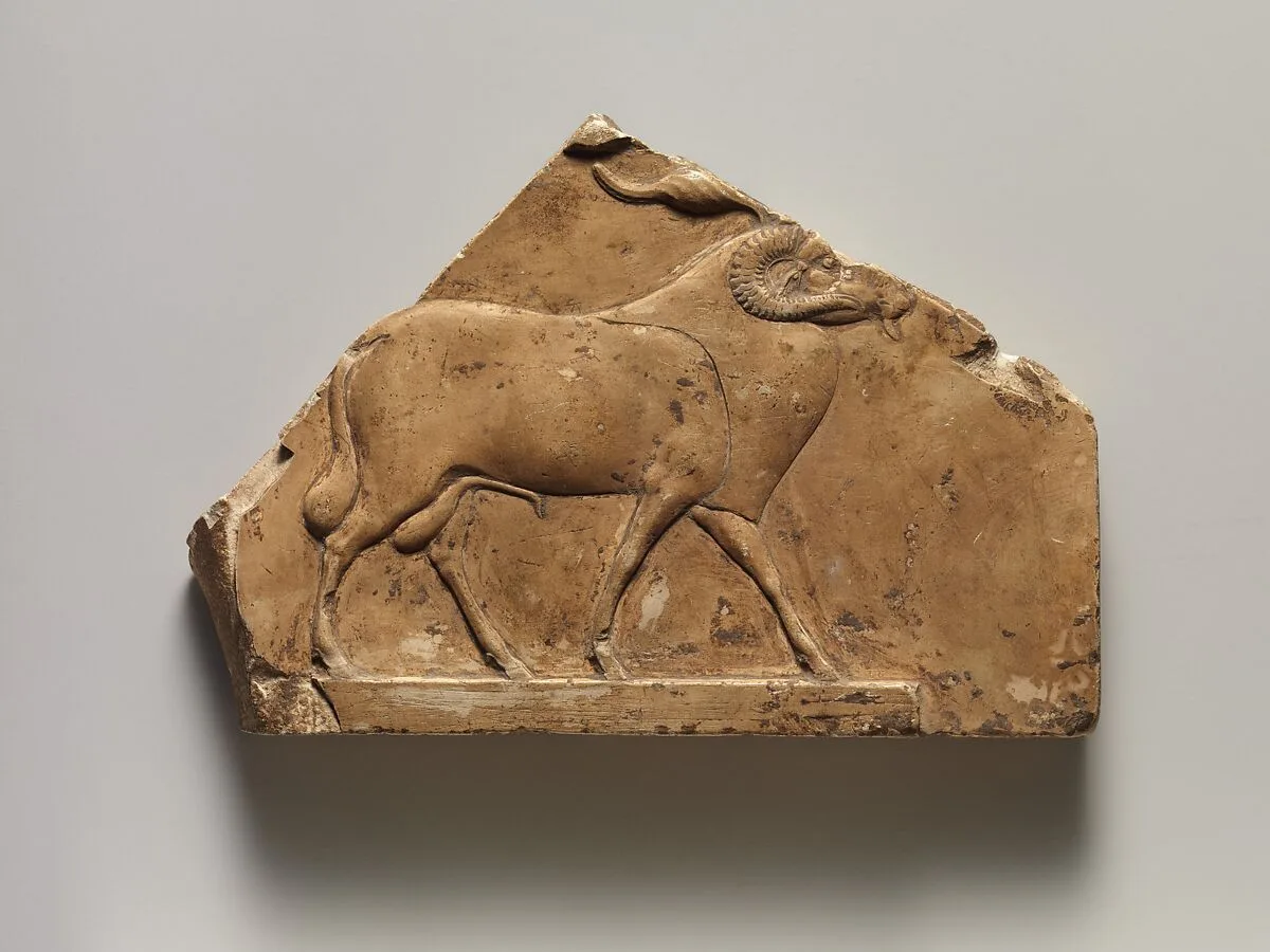 Relief plaque with ram, and on opposite side two feet — Unknown