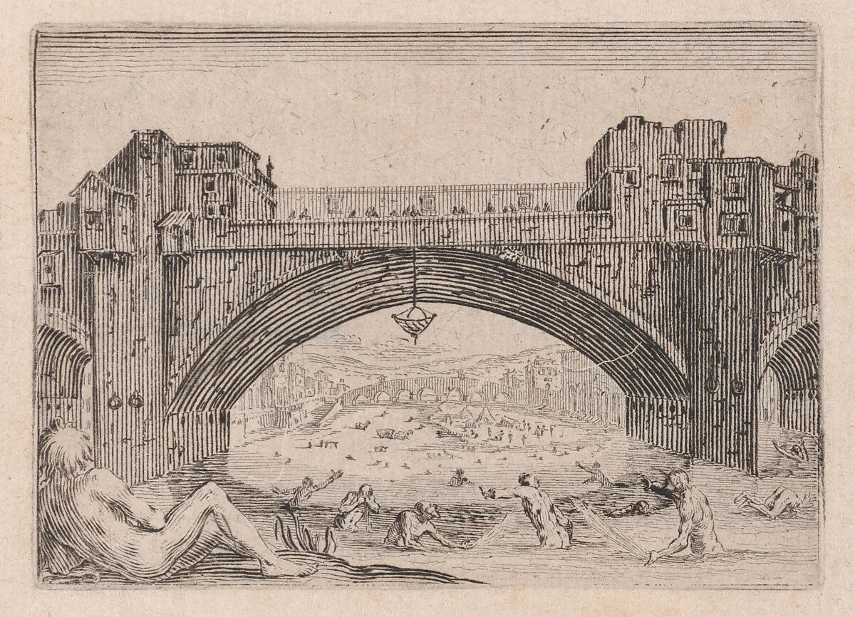 Le Ponte-Vecchio, a Florence (The Ponte-Vecchio, in Florence), from Les Caprices Series B, The Nancy Set — Jacques Callot|Lorenzo de' Medici