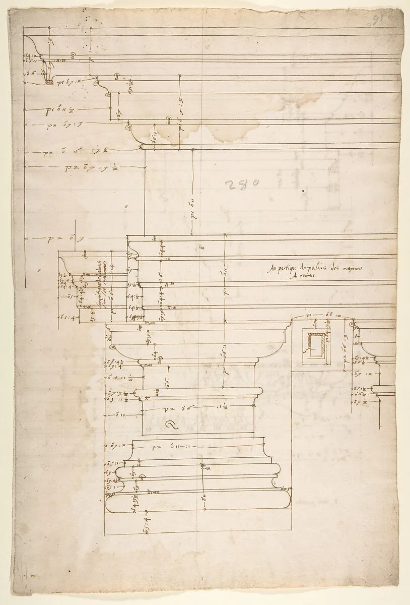 Palazzo Massimo alle Colonne, entablature, elevation (recto); Portico, Doric capital and entablature, elevation and Unknown, Corinthian cornice, elevation (verso) — Anonymous, French, 16th century
