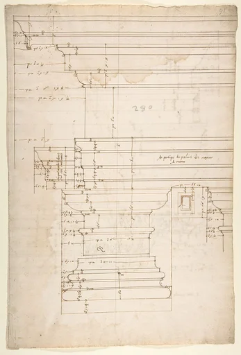 Palazzo Massimo alle Colonne, entablature, elevation (recto); Portico, Doric capital and entablature, elevation and Unknown, Corinthian cornice, elevation (verso)