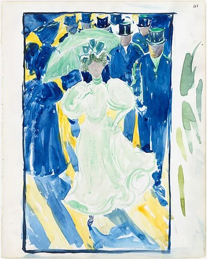 Large Boston Public Garden Sketchbook: Night scene with two women with parasols and a crowd of men in top hats