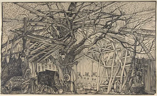 Stage Set Design: Interior of a Camouflaged African Shelter or Military Post with Carts and Bucrania — Salvador Alarma Tastás