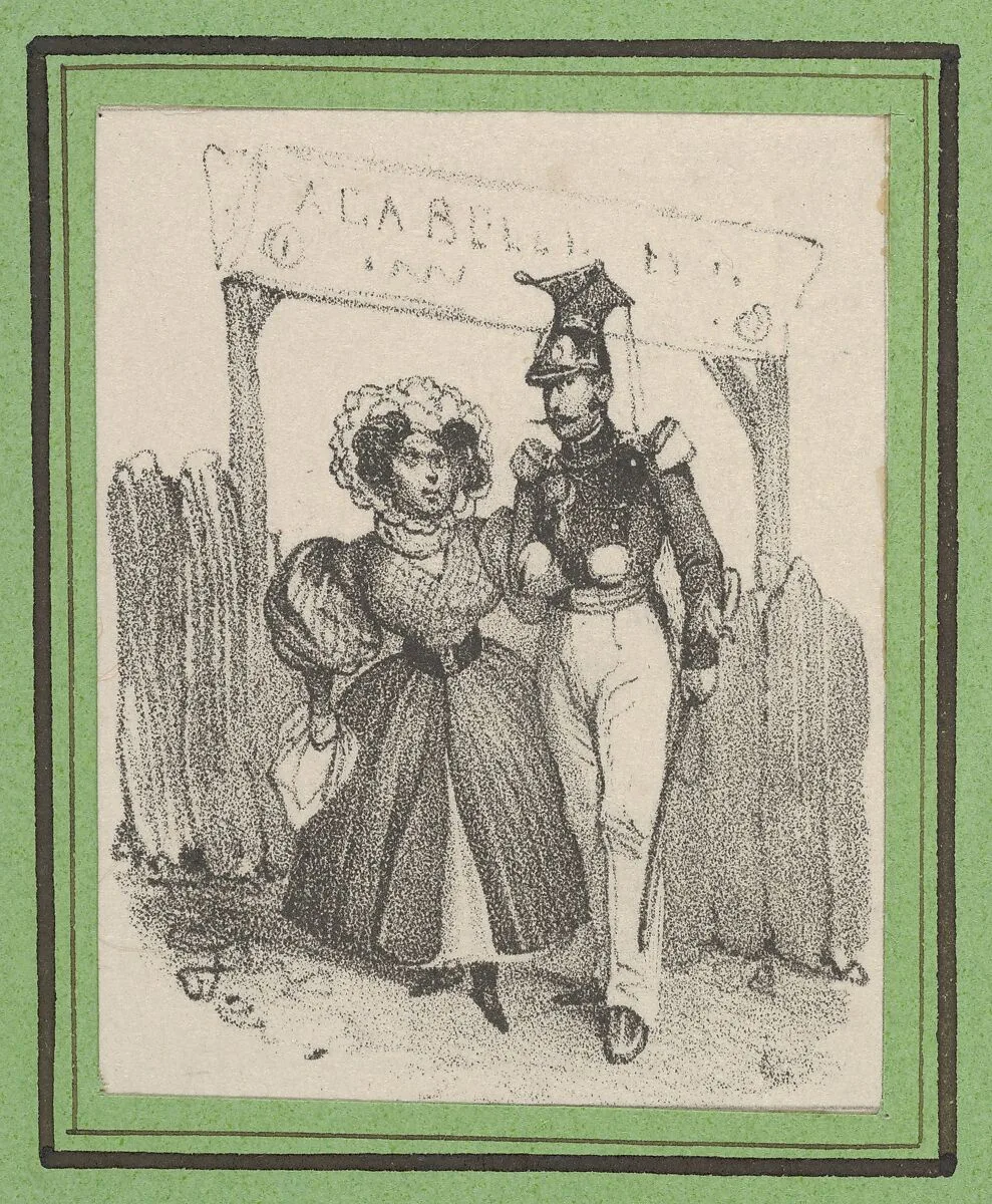 Soldier with a woman on his arm in front of a wodden gate — Victor Adam