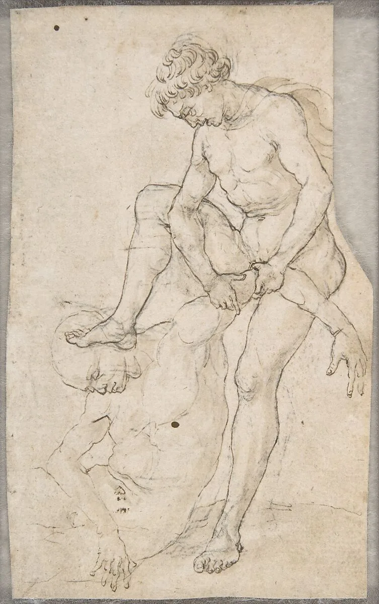 A Warrior Subduing Another (recto); Warrior Seen in Bust-Length with Fantastic Helmet (verso) — Maso Finiguerra