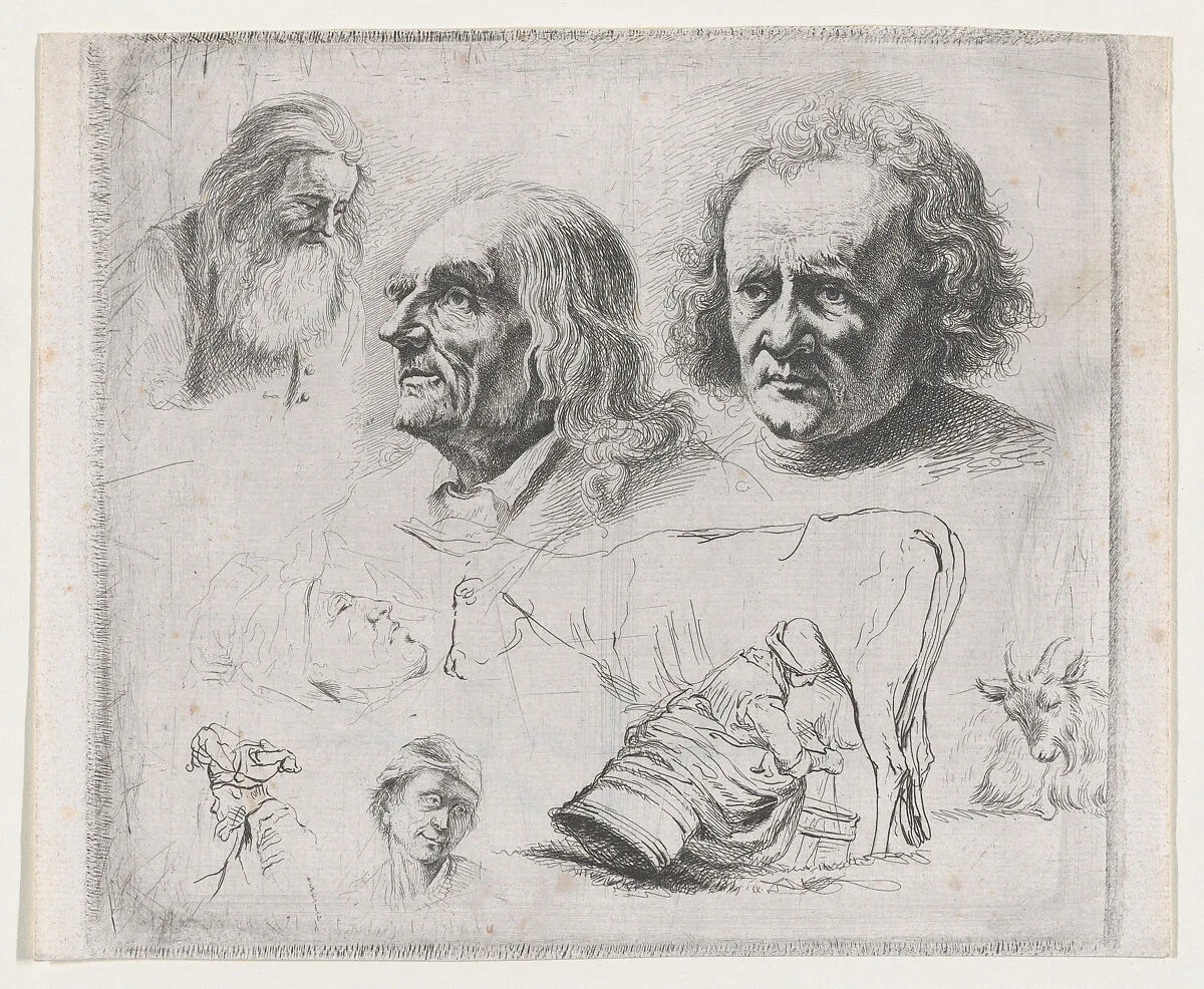 Study of Six Heads and a Milkmaid — Chevalier Ignace Joseph de Claussin|Jean Jacques de Boissieu