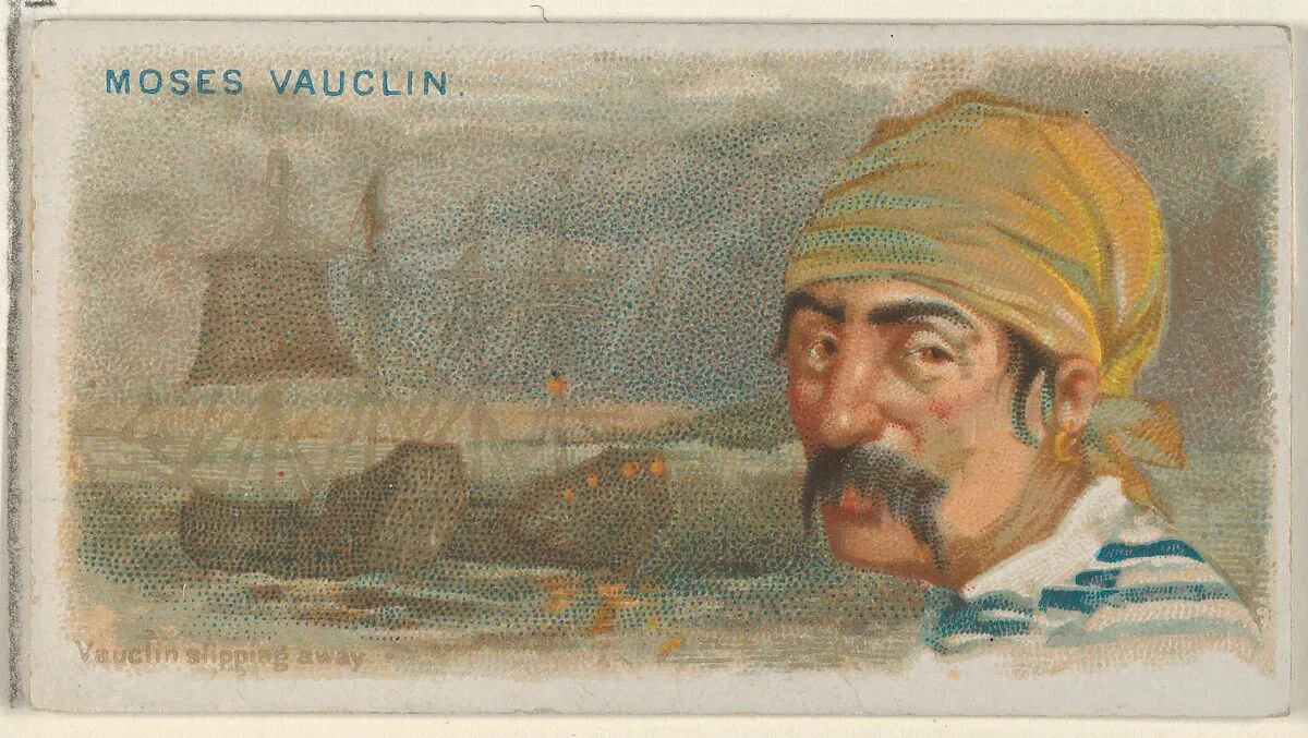 Moise Vauquelin, Vauquelin Slipping Away, from the Pirates of the Spanish Main series (N19) for Allen & Ginter Cigarettes — Allen & Ginter|George S. Harris & Sons