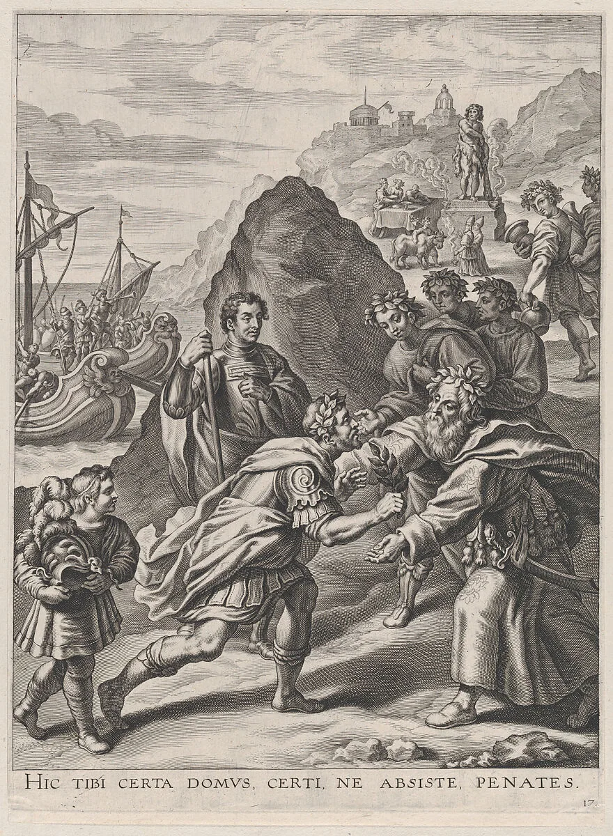 Plate 17: Aeneas welcomed by King Euandrus in Italy; from Guillielmus Becanus's 'Serenissimi Principis Ferdinandi, Hispaniarum Infantis...' — Johannes Meursius|Cornelis Galle I