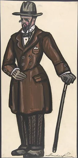 Man wearing a brown overcoat, cane and pince-nez