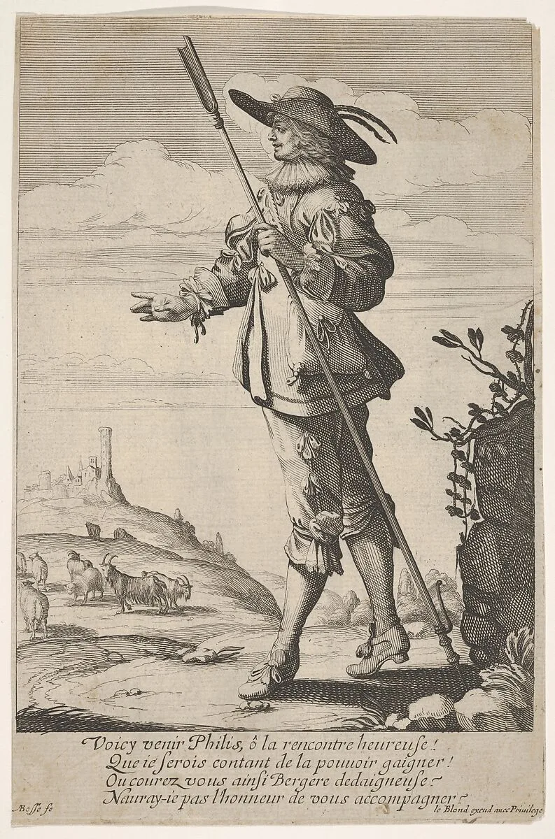 A shepherd holding a crook in his left hand and walking with a hill, a town and goats in the distance at left — Abraham Bosse|Jean I Leblond