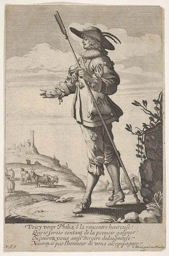 A shepherd holding a crook in his left hand and walking with a hill, a town and goats in the distance at left