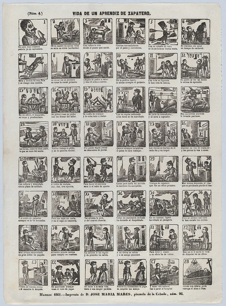 Broadside with 48 scenes relating to the life of a shoemaker's apprentice — José María Marés