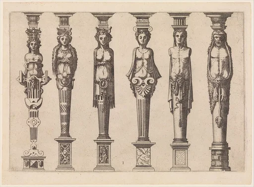 Six terms, four female and two male, with Hercules at far right, plate 1, from Caryatidum [...] sive Athlantidum multiformium ad quemlibet Architecture ordinem Accommodatarum centuria prima [...]