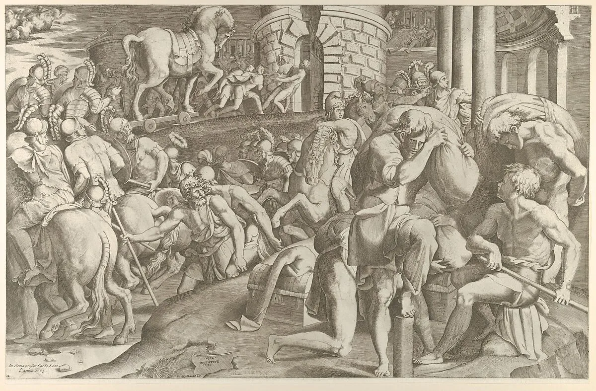 The Trojans hauling the wooden horse into Troy — Giulio Bonasone|Francesco Primaticcio|Carlo Losi