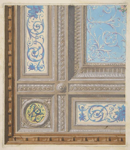 Design for the painted decoration of a coffered ceiling with initials: VR