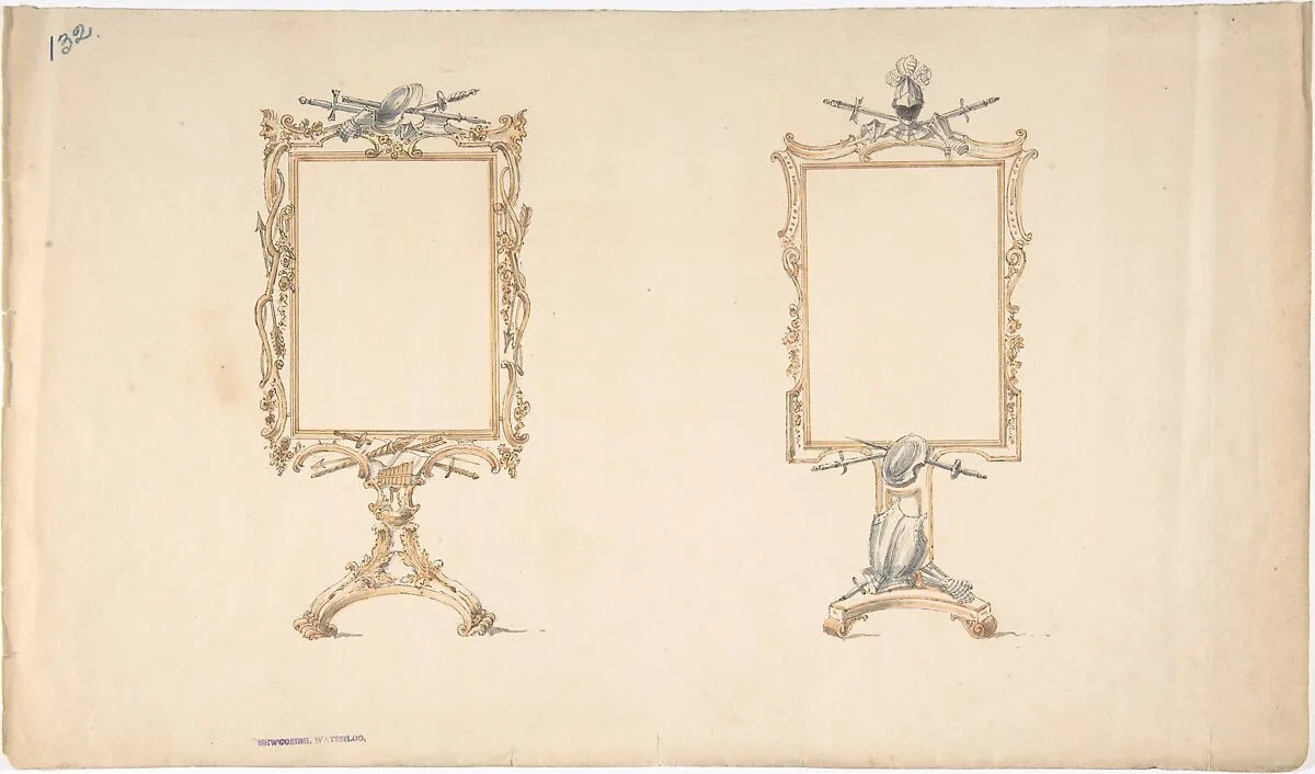 Designs for Two Mirror Frames Supported on Footed Pedestals with Armorial Ornament — Anonymous, British, 19th century