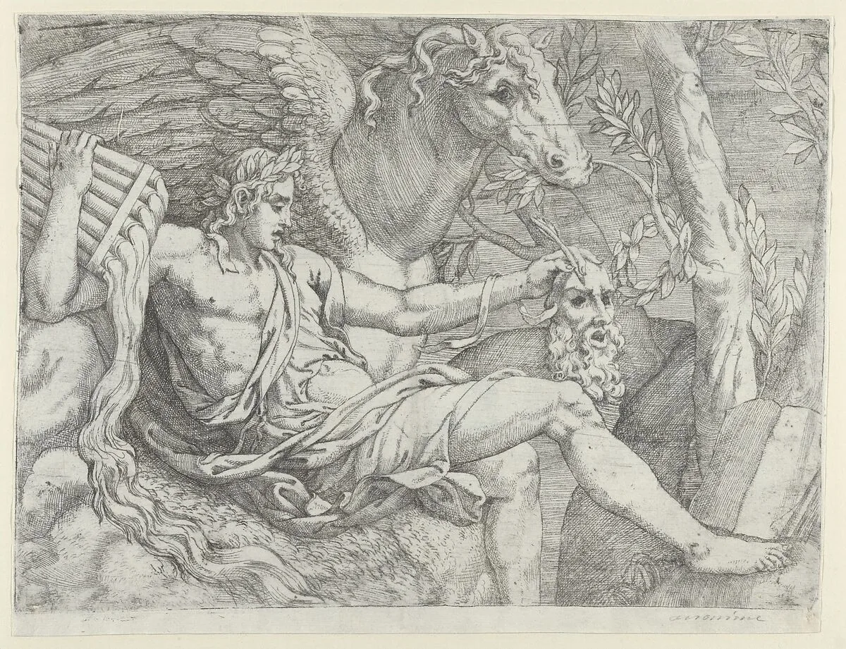 Apollo holding pipes in his right hand accompanied by Pegasus — Angiolo Falconetto|Giulio Romano
