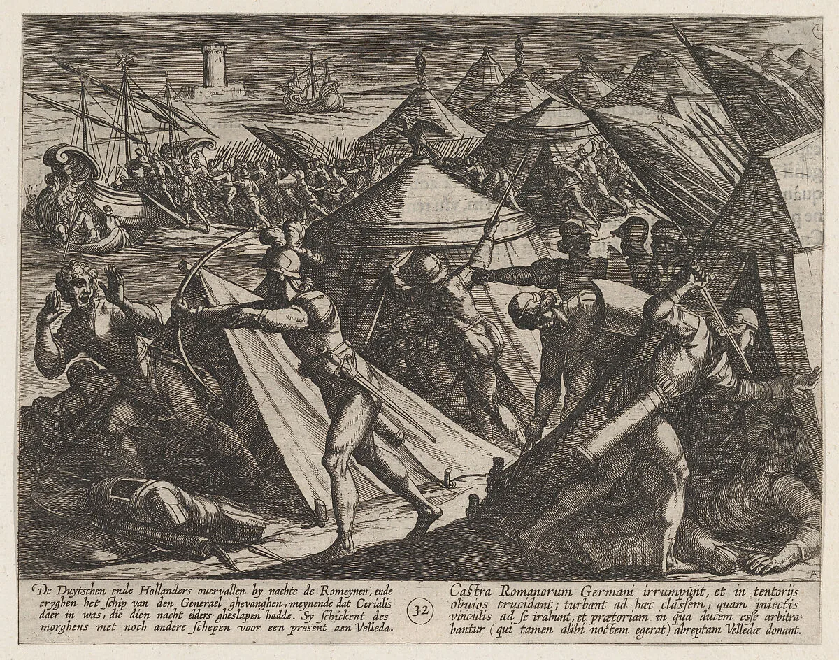 Plate 32: Dutch and Germans Atttack the Roman Camp and Capture Cerialis' Boat, from The War of the Romans Against the Batavians (Romanorvm et Batavorvm societas) — Antonio Tempesta|Otto van Veen
