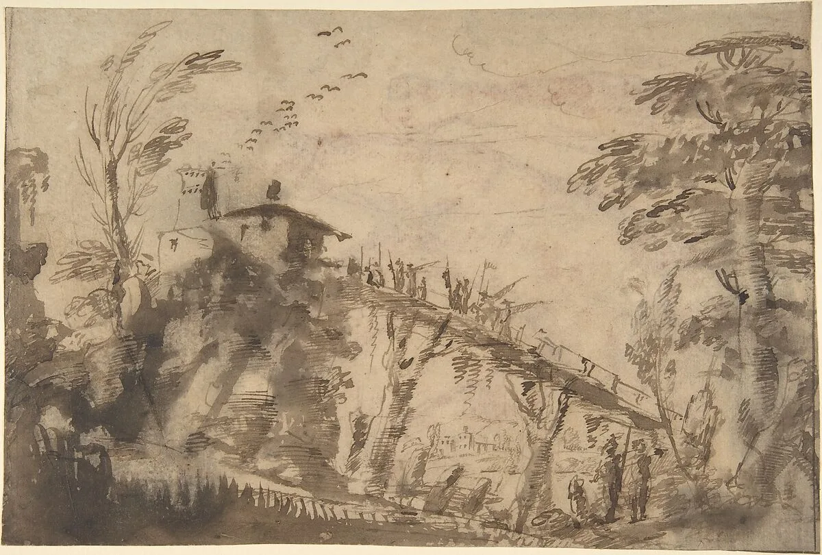 Landscape with Figures Crossing a Bridge (recto); Study of a Nude Male, Study of Legs, Study of Head in Profile to the Right (verso) — Anonymous, Italian, Roman-Bolognese, 17th century