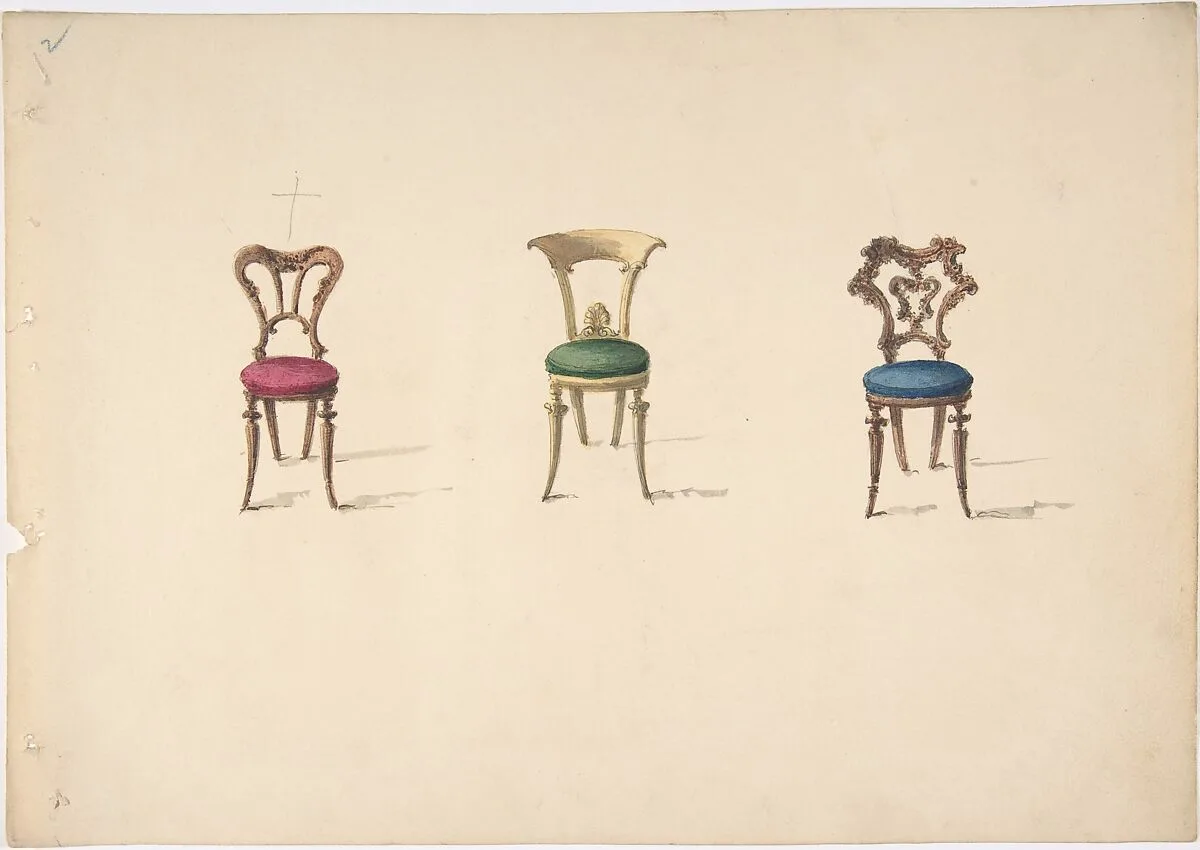 Design for Three Chairs with Red, Green and Blue Seats — Anonymous, British, 19th century