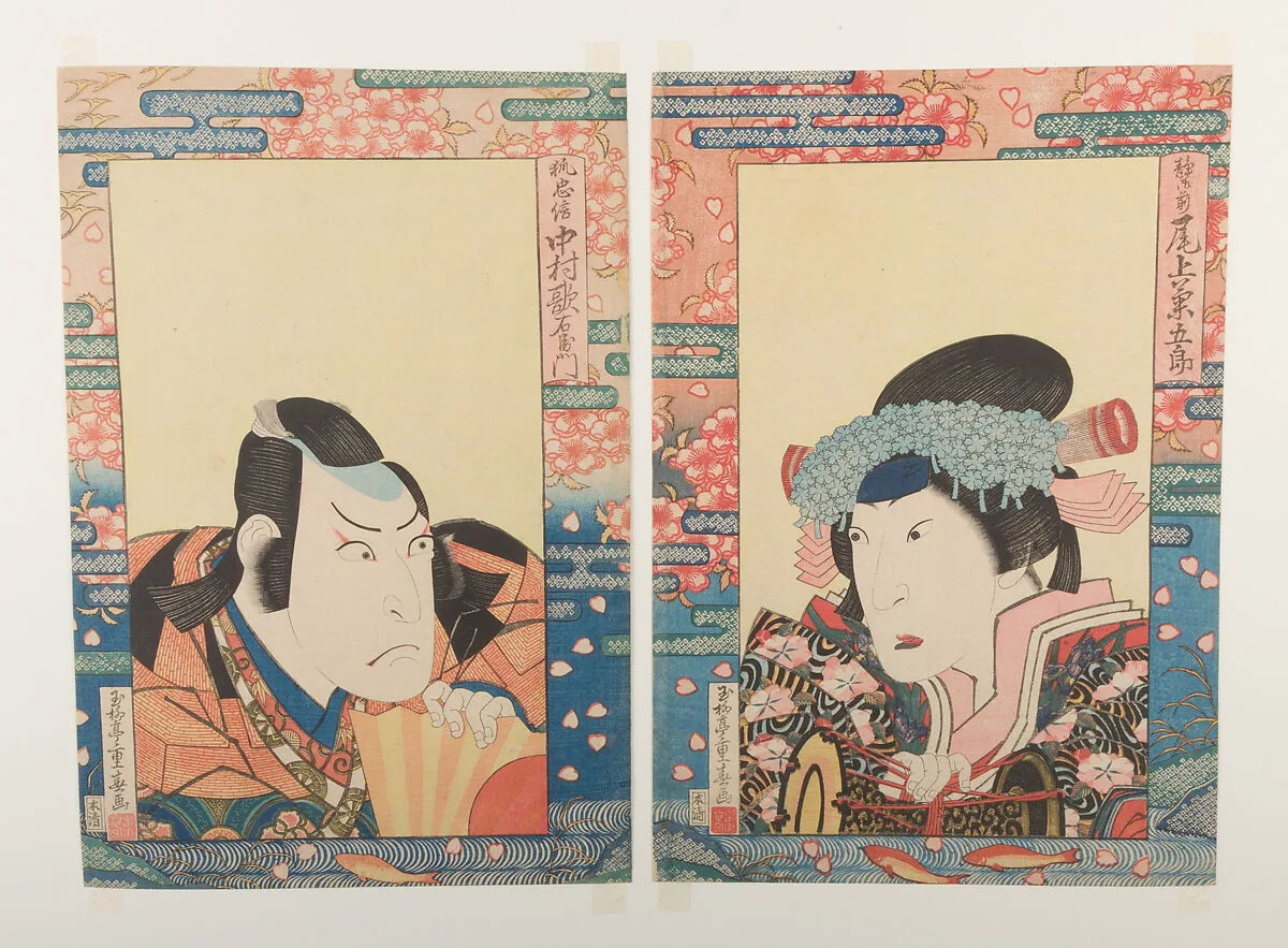 玉柳亭重春画 三代目尾上菊五郎・三代目中村歌右衛門 『義経千本桜』|Kabuki Actors Onoe Kikugorō III as Shizuka Gozen and Nakamura Utaemon III as Kitsune Tadanobu, in the play Yoshitsune senbon zakura (The Thousand Cherry Trees of Yoshitsune) — Gyokuryūtei (Ryūsai) Shigeharu
