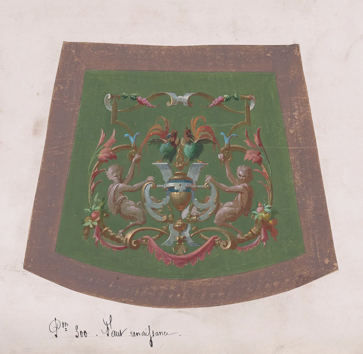 Design for a Chair Seat Cover with a Classical-Inspired Vase with Two Handles, Two Exotic Birds and Two Half-Human Grotesque Figures Inside an Ornamental Frame with Two Cornucopias Holding Bundles of Leaves and Fruits and Decorated Scrolls of Leaves and Flowers — Anonymous, French, 19th century