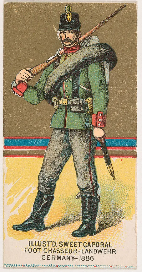 Foot Chasseur, Landwehr, Germany, 1886, from the Military Series (N224) issued by Kinney Tobacco Company to promote Sweet Caporal Cigarettes — Kinney Brothers Tobacco Company