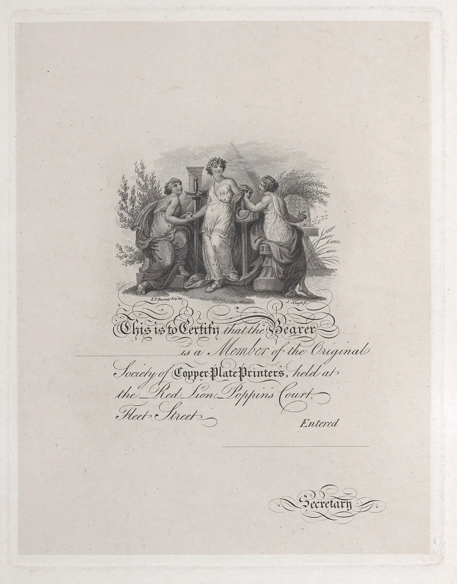 Certificate of Membership for the Society of Copper Plate Printers — Edward Francis Burney|James Neagle