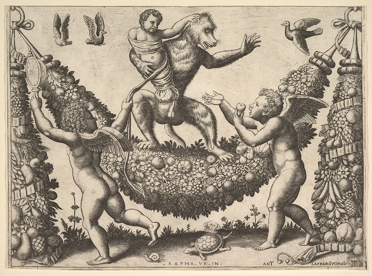 A monkey holding a bound putto standing on a garland in front of which are two winged putti, from a series of tapestries made for Leo X — Master of the Die|Antonio Lafreri|Raphael (Raffaello Sanzio or Santi)