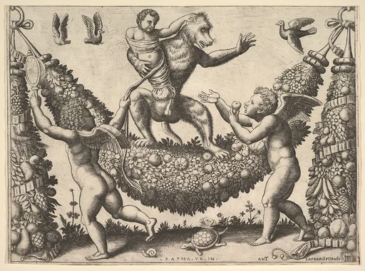 A monkey holding a bound putto standing on a garland in front of which are two winged putti, from a series of tapestries made for Leo X
