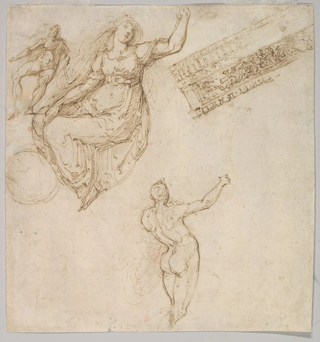 Figure Studies and an Entablature — Anonymous, Italian, Lombard, 16th century