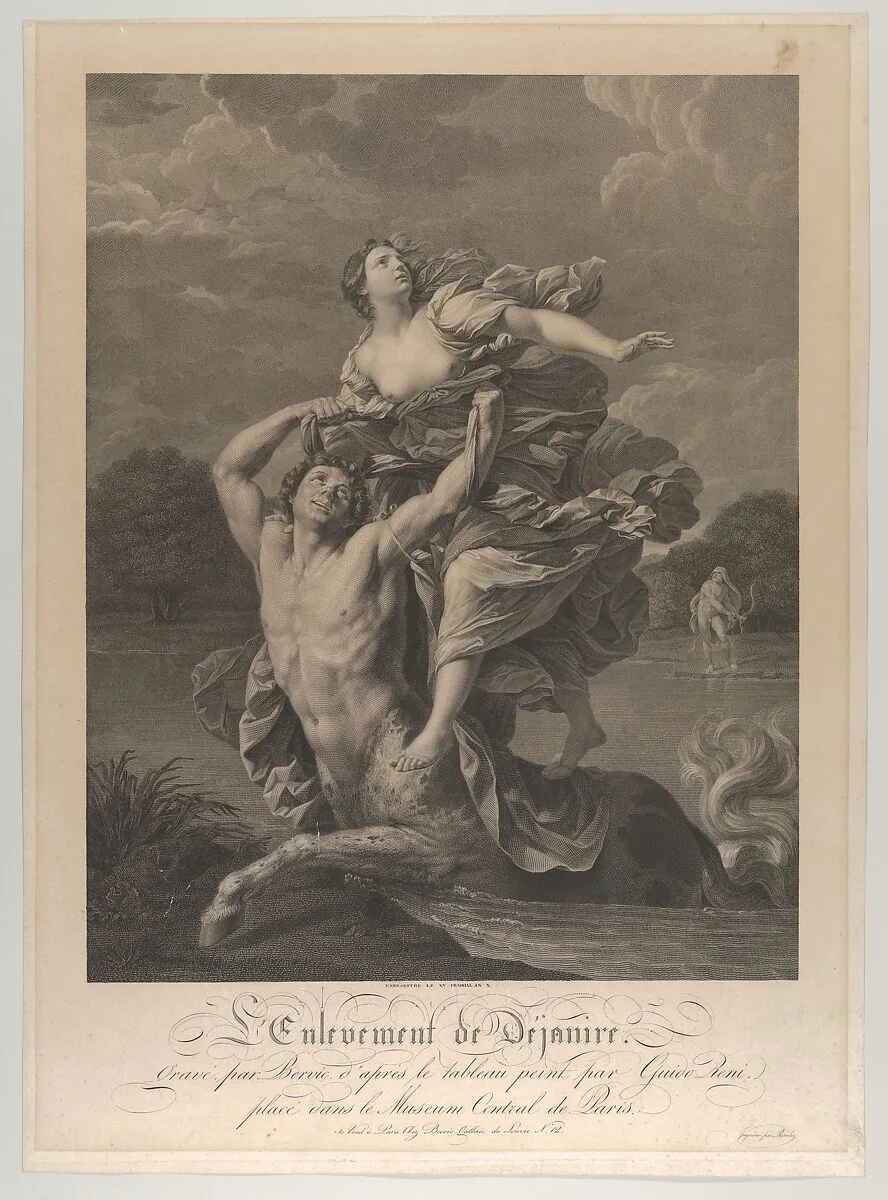 Dejanira being abducted by the centaur Nessos, a man with bow and arrow at right, after Reni — Guido Reni|Charles Clément Bervic|Ramboz|Charles Clément Bervic