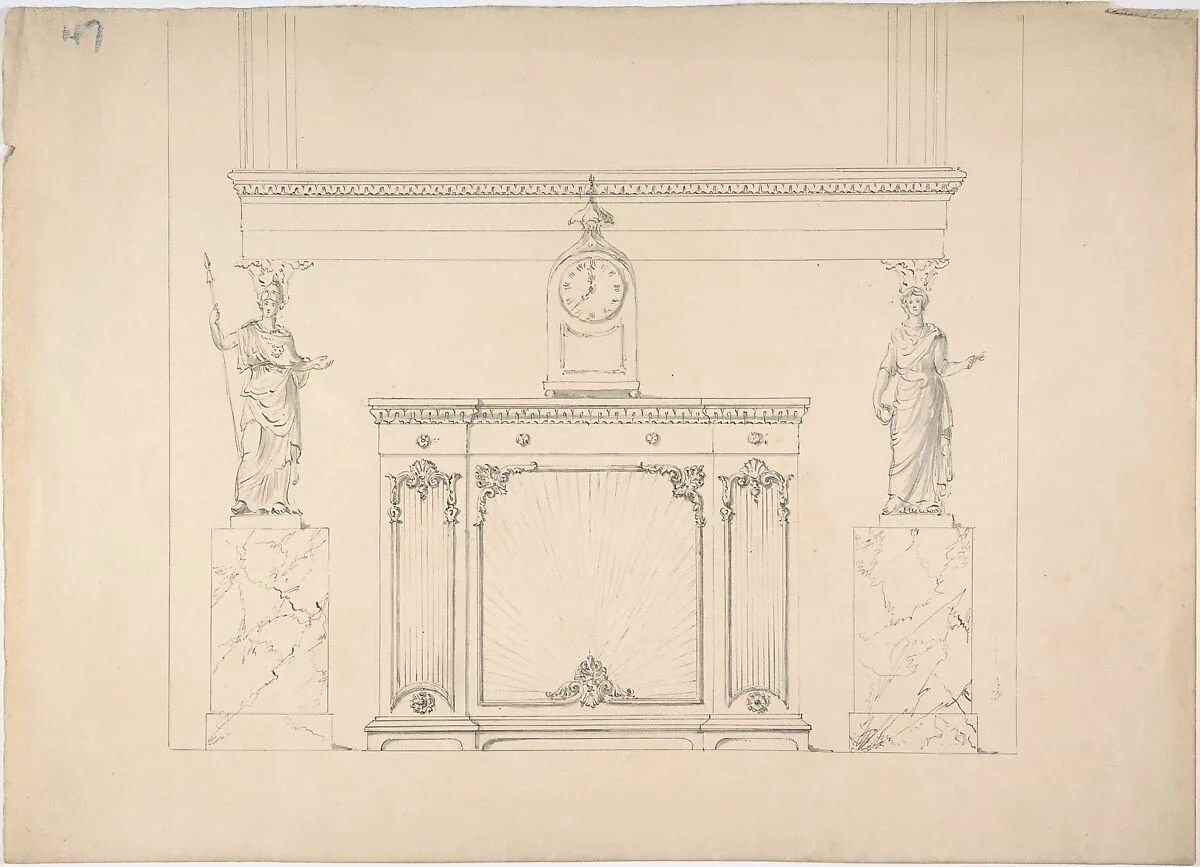 Design for a Cabinet with Inset Fabric Panels, and Two Female Classical Statues on Marble Pedestals — Anonymous, British, 19th century