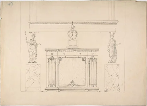 Design for a Cabinet with Inset Fabric Panels, and Two Female Classical Statues on Marble Pedestals
