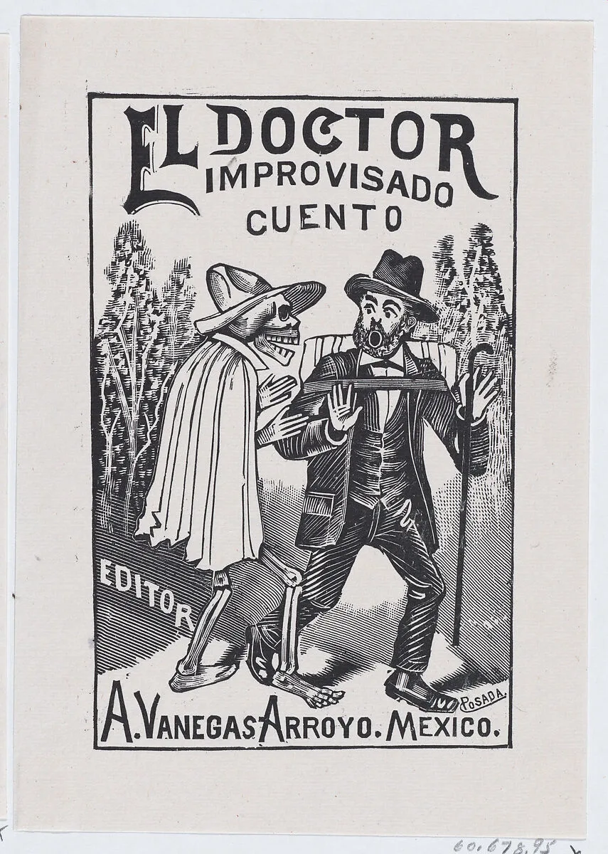 A skeleton wearing a cape speaking to a frightened man with a cane and backpack, illustration for 'El Doctor Improvisado (The Impromptu Doctor)' edited by Antonio Vanegas Arroyo — José Guadalupe Posada|José Sanchez