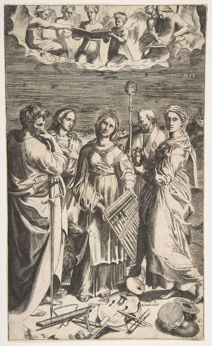 Saint Cecilia standing in the centre accompanied by Saint Paul, the Magdalene, Saint John the Evangelist, and Saint Augustine — Giulio Bonasone|Raphael (Raffaello Sanzio or Santi)