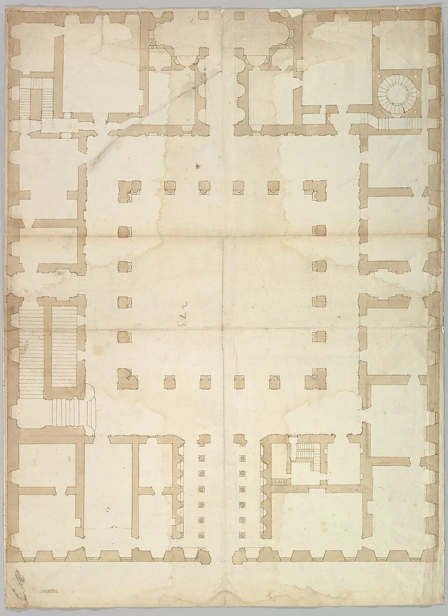 Palazzo Farnese, plan, ground floor (recto) blank (verso) — Anonymous, French, 16th century