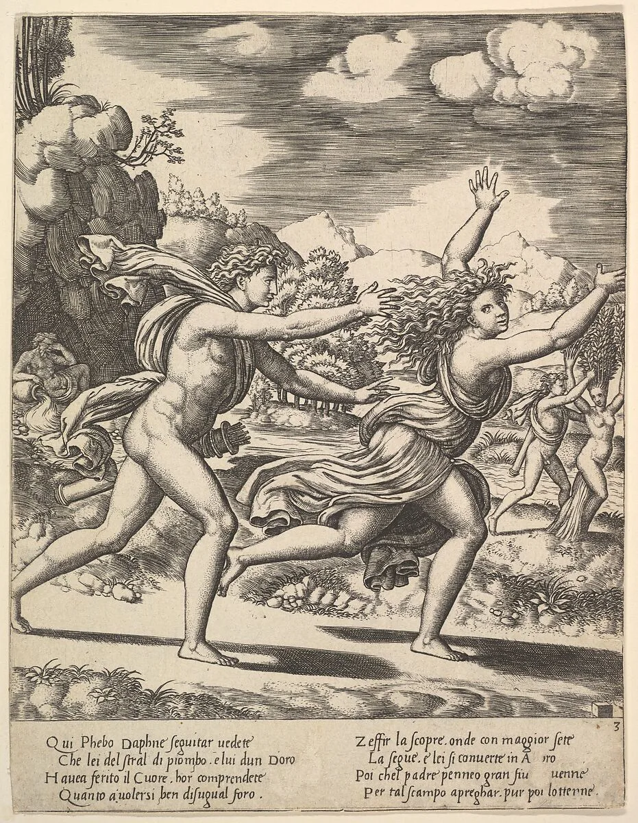 Apollo chasing Daphne who throws her arms up, in the background at right shows the moment she turns in a laurel, from "Story of Apollo and Daphne" — Master of the Die|Baldassare Tommaso Peruzzi