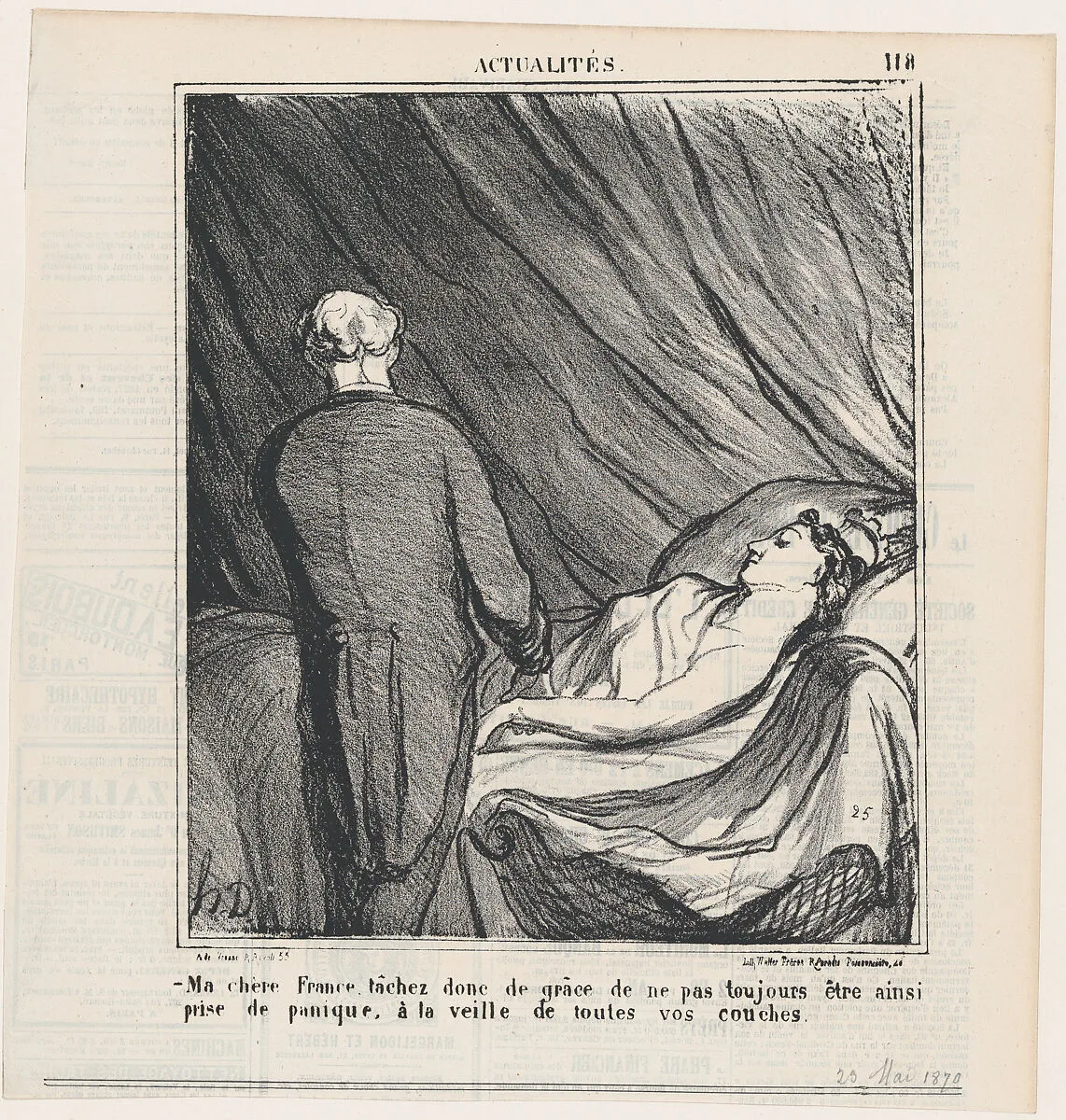 My dear France, I urge you not to panic every time before your delivery!, from 'News of the day,' published in Le Charivari, March 23, 1870 — Honoré Daumier|Arnaud de Vresse|Walter Frères