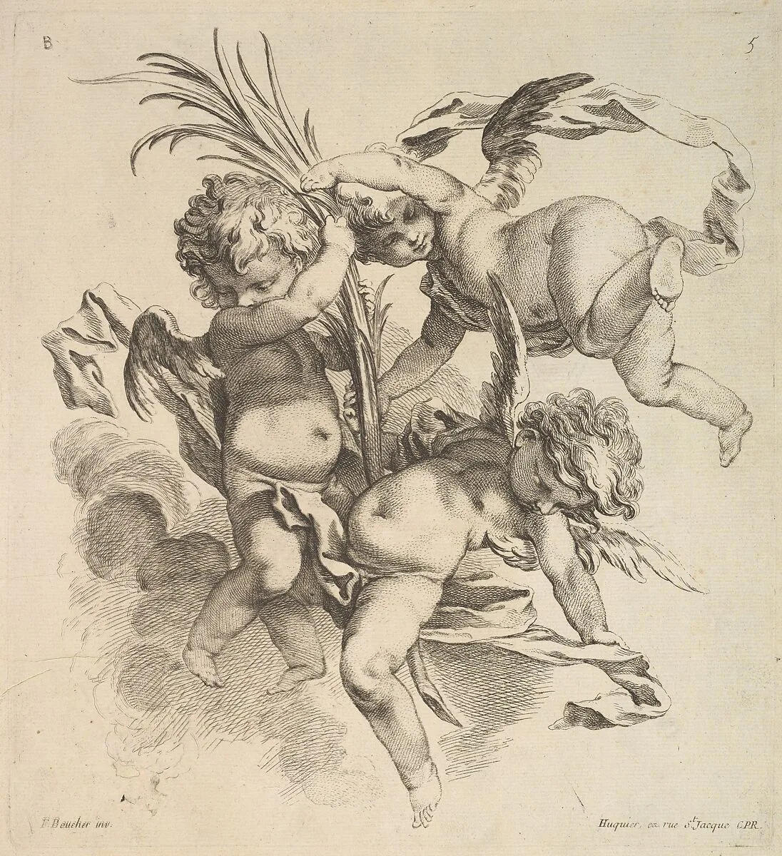 Three Children Among Clouds Near a Palm Leaf — François Boucher|Chez Huquier|Gabriel Huquier